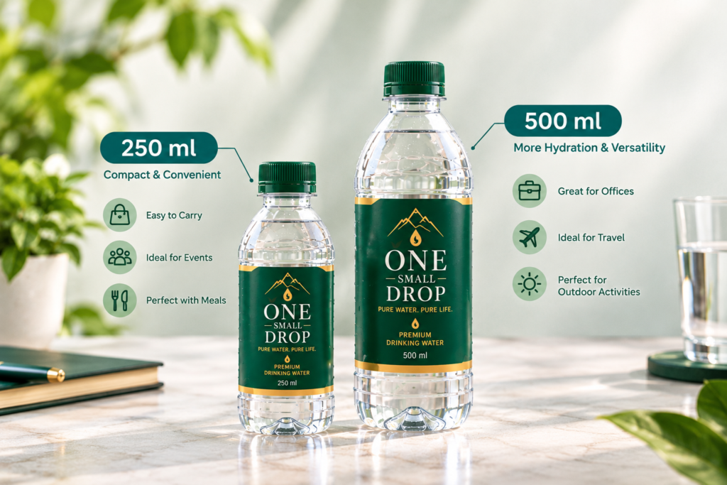 one small drop 250 ml and 500 ml packaged drinking water bottles compared side by side