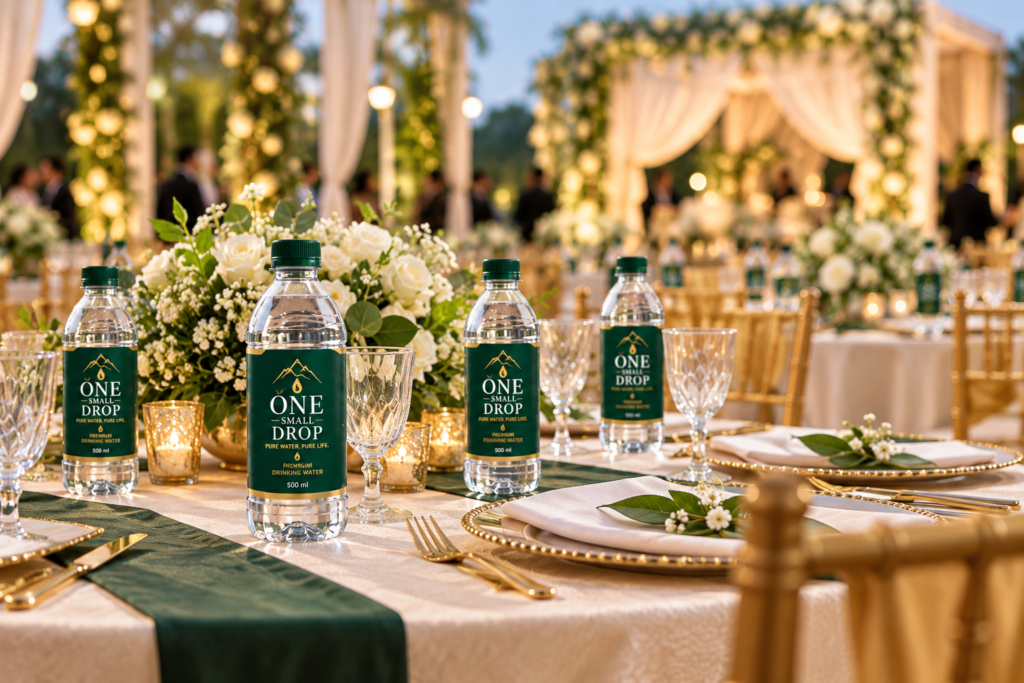 packaged drinking water arranged for a wedding or corporate event