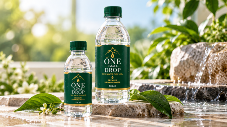 packaged drinking water bottles displayed in a clean product setting